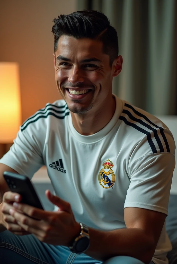 A footballer ronaldo with his jersey taking a phone in hand in vlogging style