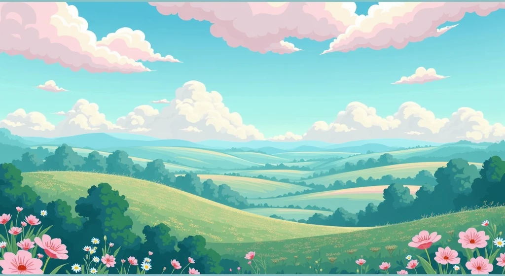 draw it as a CARTOON HERE IS THE DESCRIPTION: A serene and bucolic landscape that can evoke the essence of a valley with soft tones and a charming atmosphere. Although it is not pink, The calm atmosphere and wide field can help you visualize how it could be adapted for a "Pink Cotton Valley" with pink nuances and similar elements.