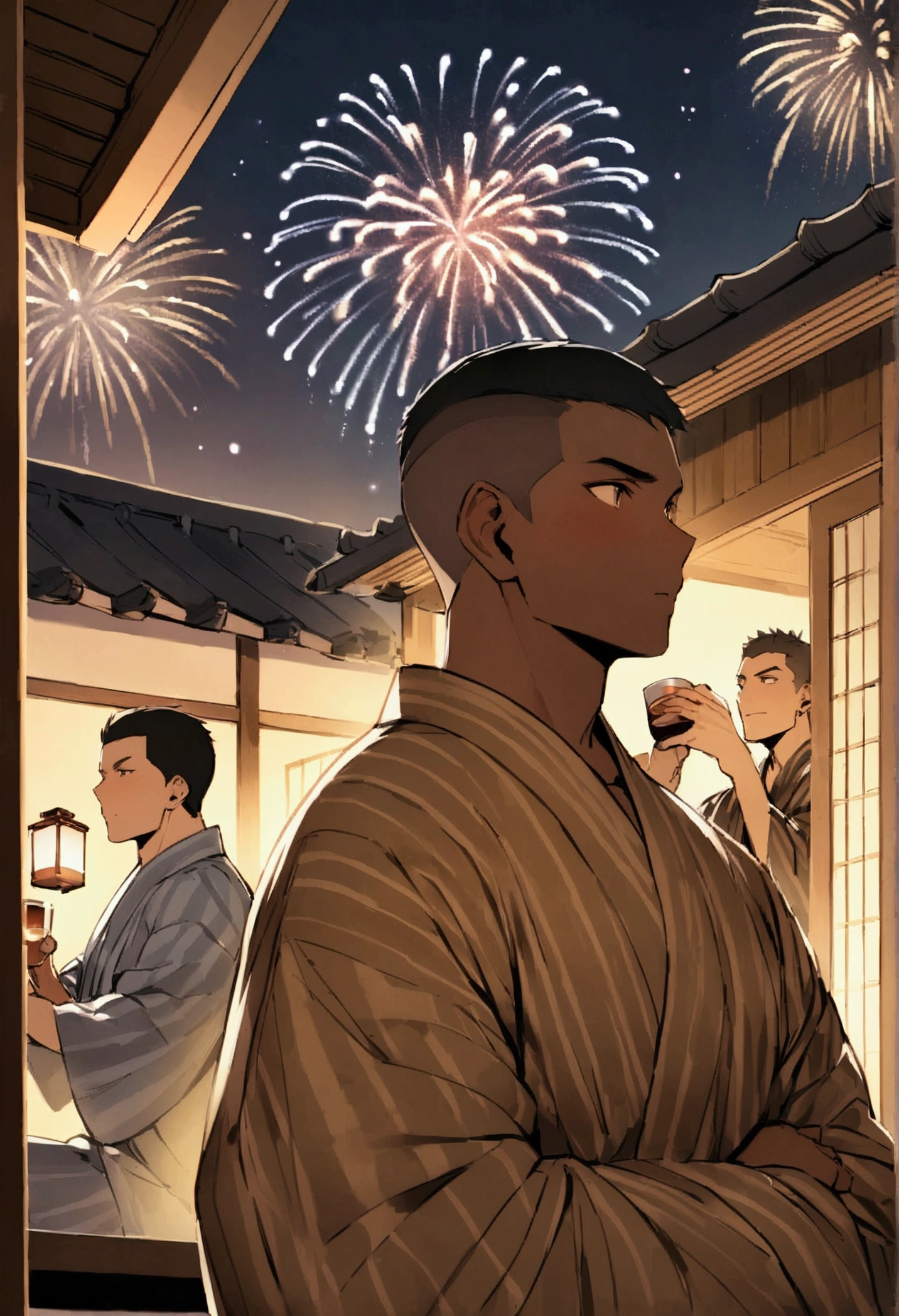 Highest quality、short hair、Sports haircut、Four muscular men in yukatas are drinking alcohol on the veranda、firework、Brown Skin