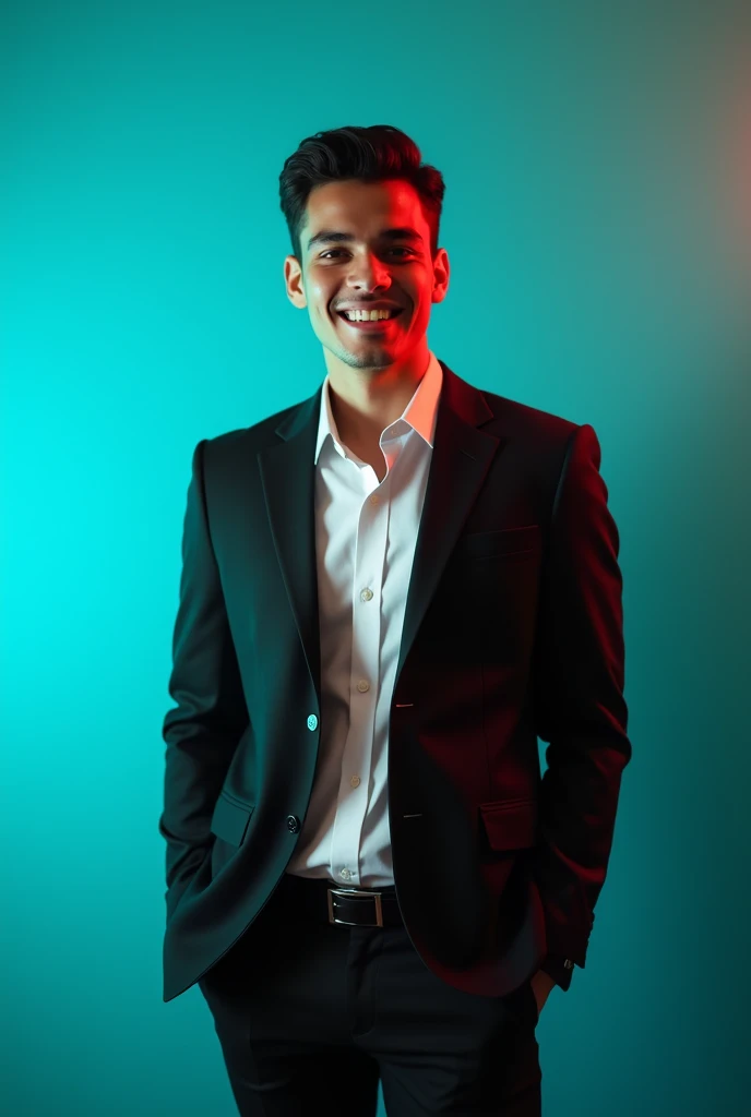 A young Man With Dark hair and a confident smile He is Dressed in a black blazer over a white shirt The man is positioned against aqua colour backdrop with a subtle red lighting on t