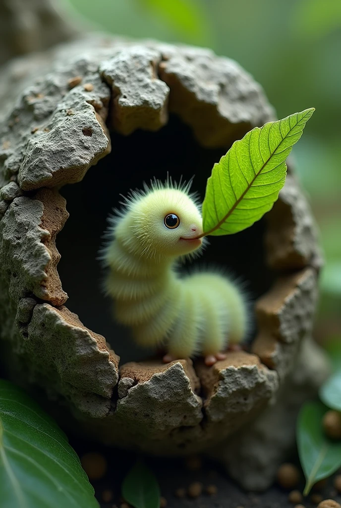 a caterpillar inside a broken rock is eating a green leaf at the tip of its mouth