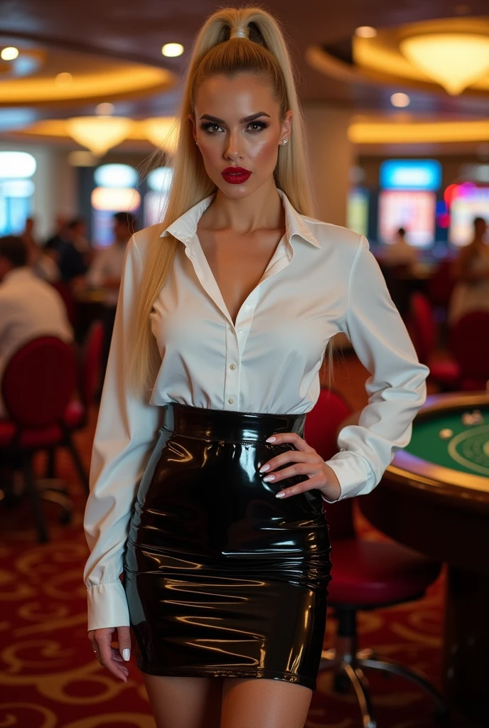 Georgina rodriguez femdom latex white shirt latex black tight ankle length skirt ed lipstick full body photo casino long blonde ponytail hairstyle