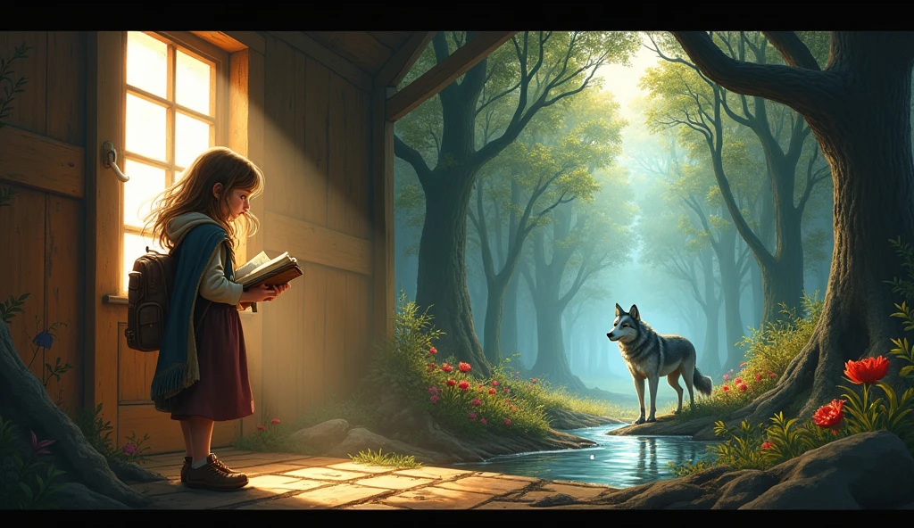 Imagem 1: "A curious girl with brown hair, discovering a dusty old diary in a sunlit attic, with mysterious shadows hinting at a hidden story."
Imagem 2: "A determined young girl, dressed in a simple cloak, holding a backpack and an old diary, standing at the dark and mysterious edge of a tall, shadowy forest."
Imagem 3: "A magical forest with towering trees and colorful flowers, where a friendly gray wolf with wise eyes emerges from the shadows to speak with a curious girl."
Imagem 4: "A shimmering spirit made of light and natural elements, floating above a sparkling stream, as a young girl and a gray wolf watch in awe."
drawing