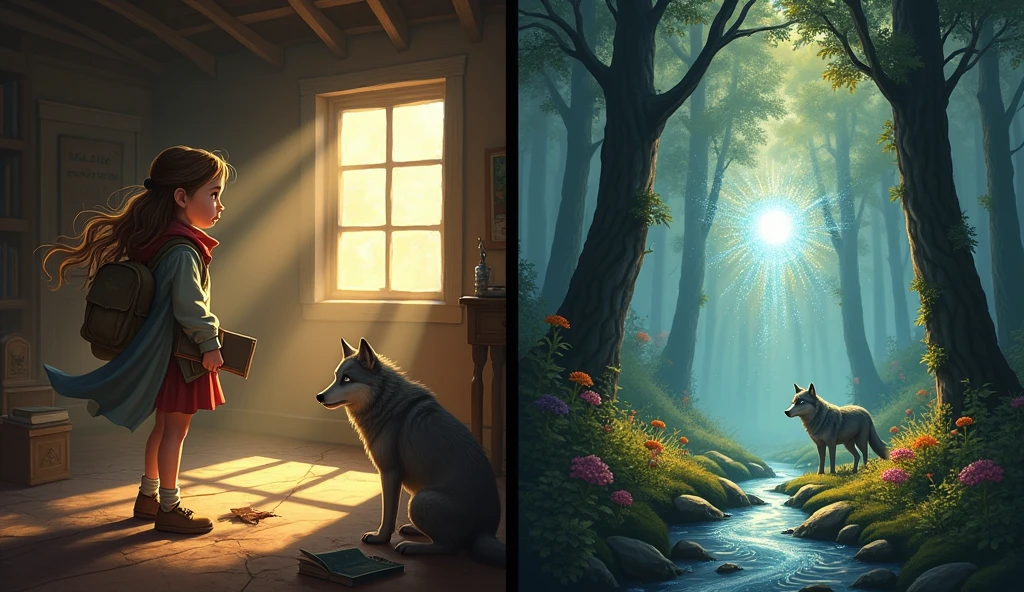 Imagem 1: "A curious girl with brown hair, discovering a dusty old diary in a sunlit attic, with mysterious shadows hinting at a hidden story."
Imagem 2: "A determined young girl, dressed in a simple cloak, holding a backpack and an old diary, standing at the dark and mysterious edge of a tall, shadowy forest."
Imagem 3: "A magical forest with towering trees and colorful flowers, where a friendly gray wolf with wise eyes emerges from the shadows to speak with a curious girl."
Imagem 4: "A shimmering spirit made of light and natural elements, floating above a sparkling stream, as a young girl and a gray wolf watch in awe."
drawing