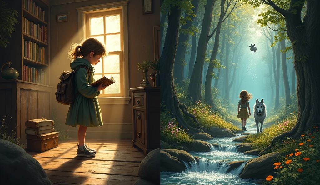 Imagem 1: "A curious girl with brown hair, discovering a dusty old diary in a sunlit attic, with mysterious shadows hinting at a hidden story."
Imagem 2: "A determined young girl, dressed in a simple cloak, holding a backpack and an old diary, standing at the dark and mysterious edge of a tall, shadowy forest."
Imagem 3: "A magical forest with towering trees and colorful flowers, where a friendly gray wolf with wise eyes emerges from the shadows to speak with a curious girl."
Imagem 4: "A shimmering spirit made of light and natural elements, floating above a sparkling stream, as a young girl and a gray wolf watch in awe."
drawing 