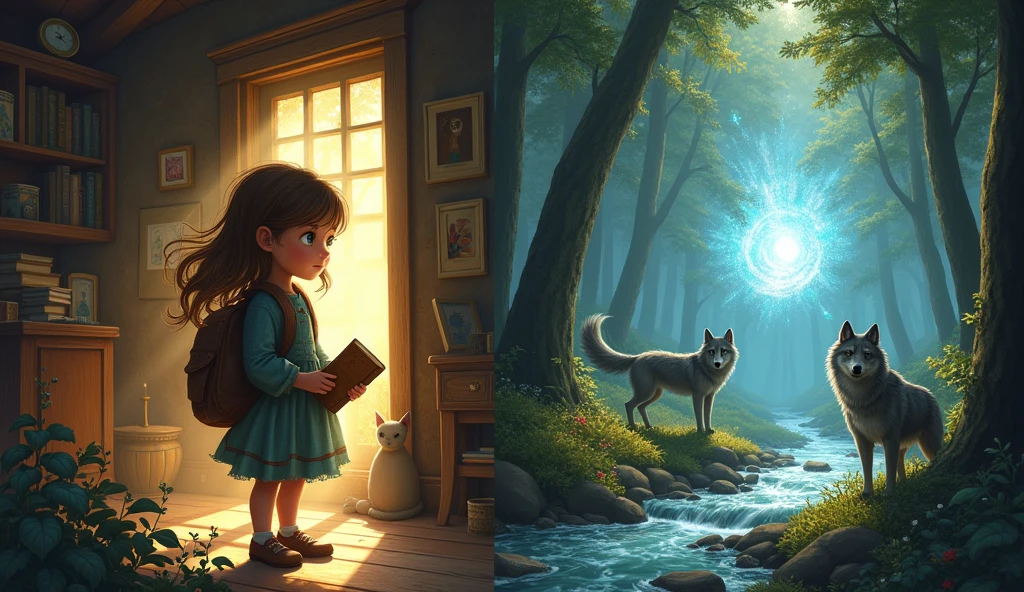 Imagem 1: "A curious girl with brown hair, discovering a dusty old diary in a sunlit attic, with mysterious shadows hinting at a hidden story."
Imagem 2: "A determined young girl, dressed in a simple cloak, holding a backpack and an old diary, standing at the dark and mysterious edge of a tall, shadowy forest."
Imagem 3: "A magical forest with towering trees and colorful flowers, where a friendly gray wolf with wise eyes emerges from the shadows to speak with a curious girl."
Imagem 4: "A shimmering spirit made of light and natural elements, floating above a sparkling stream, as a young girl and a gray wolf watch in awe."
drawing 