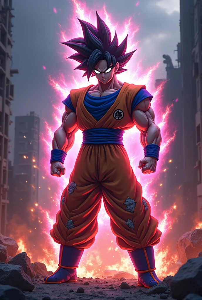 (photorealism:1.2), Son Goku with blank white eyes, Super Saiyan, but the hair color is purple with streaks of red. He has a dark purple and red glowing aura around him. A menacing atmosphere. His clothes are ripped through fights, so his chest is visible. His surrounding is destroyed through his fights with the enemy. 