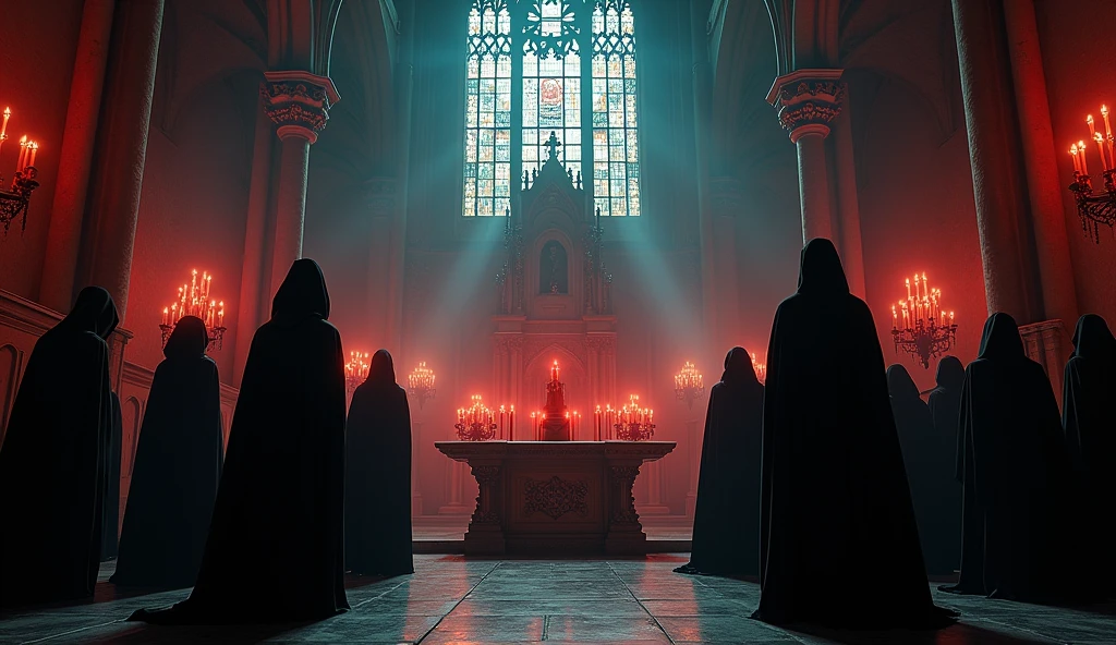 8k、lots of candles ,large stained glass,(Extreme low angle), (number々の賞を受賞したmasterpiece、Incredible detail、Texture、Maximum details),red flame candle, (summoning magic),(A ruin with beautiful moonlight in the middle of the night), (dark ritual),(dark organization)arafed image of a group of people in a church with candles,lit candle, dark cinematic concept art, elegant cinematic fantasy art, photorealistic dark concept art, by Beeple, dark robes, wojtek fus, gothic epic library concept, gothic epic library, epic cinematic concept art, dark concept art, Beeple and mike winkelmann, symmetrical epic fantasy art, High resolution, masterpiece, Highest quality, Intricate details, Very detailed, Clear focus, practical skin texture, texture, Shot with Canon, 85mm, Shallow and deep, Kodak Vision Color, Exactly, Very detailed, photograph_\(Extremist\), photographpractical, practical, Post-processing, Maximum details, Roughness, Real Life, Extremist practical, Photorealism, photographgraphy, 8K Ultra HD, photographgraphy