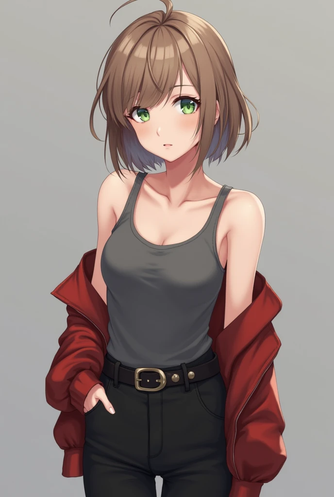 More mature anime style image. Gray background image. A more mature ager, around 1, her hair was short and light brown, her eyes were also light green. He wore a gray tank top with a red jacket over it and black pants with a belt on the side.
