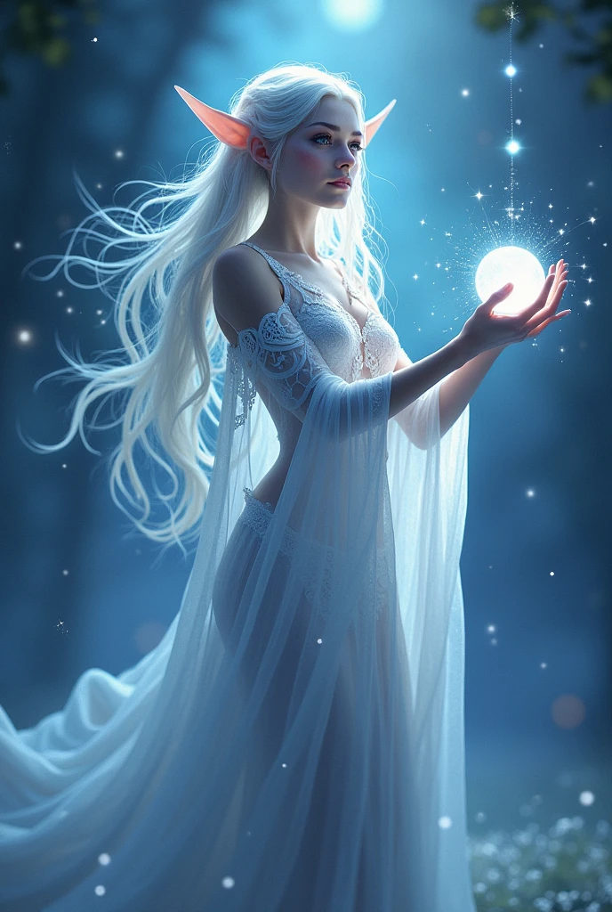 Sehanine Moonbow Physical Characteristics: An elf with a pale skin tone and silver or deep blue hair, That shines in the light of the moon. Your eyes have an ethereal glow, and she wears flowing clothes adorned with lunar and star motifs. She is often seen with a luminous aura or holding a sphere of soft light..
