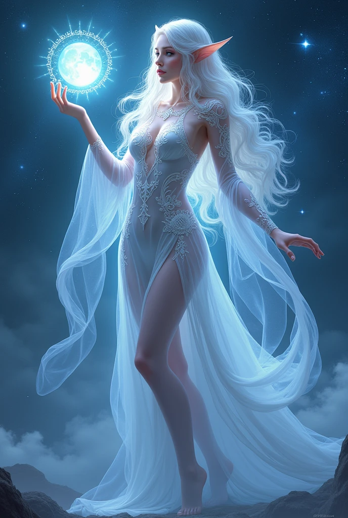 Sehanine Moonbow Physical Characteristics: An elf with a pale skin tone and silver or deep blue hair, That shines in the light of the moon. Your eyes have an ethereal glow, and she wears flowing clothes adorned with lunar and star motifs. She is often seen with a luminous aura or holding a sphere of soft light..