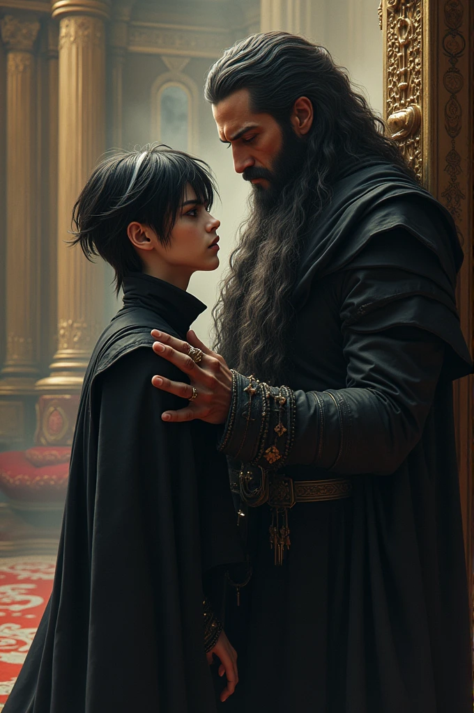 A wizard in a kingdom who has black hair with a white streak, his slanted eyes, his androgynous body, his king intimidates him against the wall, very flirtatious.