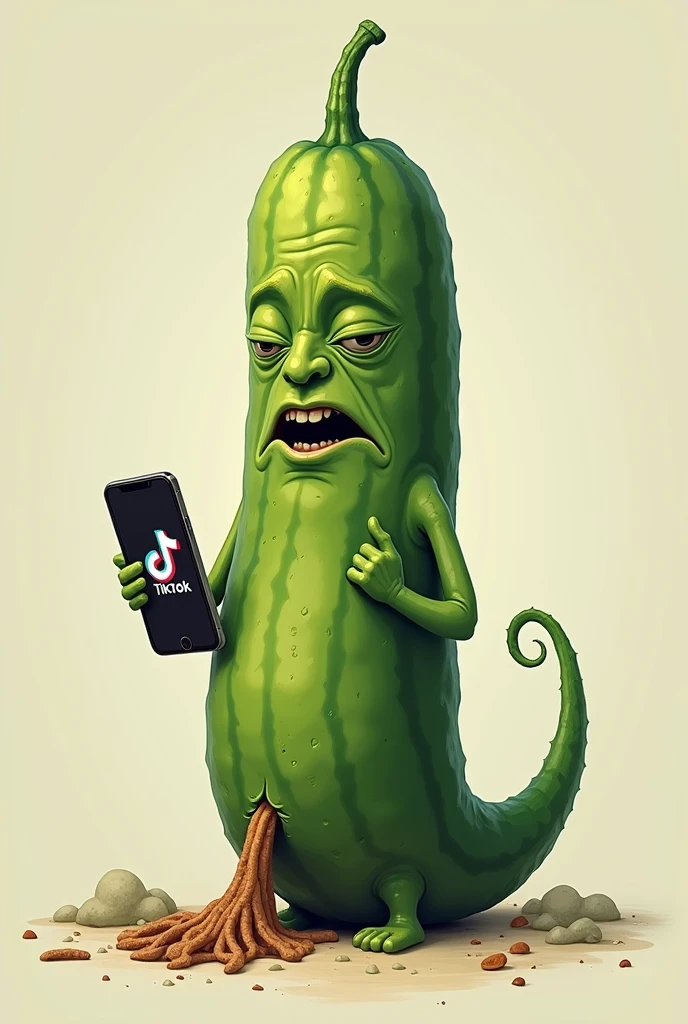A cucumber shitting with a constipated face looking at tiktok