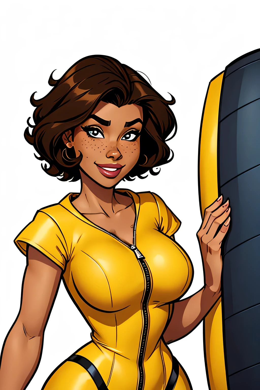 Thin woman, age 25, 4K (High definition), beautiful smile, seducing gaze, eyes browns, wearing a yellow dress ((with side zipper, decote canoa, shortsleeves)), arms positioned at the side of the body, brown skin, short curly black hair ((at shoulder height)), upper body, curvy with freckles on her chest and neck, round breasts. High-quality Marvel style, white background.
