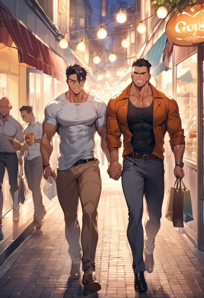 two male, handsome, tall muscular guy, very short hair, best ratio four finger and one thumb, best light and shadow, background is back alley, detasiled sunlight, sitting, Little cats, dappled sunlight, day, depth of field, plants, summer, (dutch angle)
