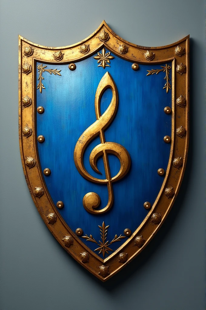 Blue shield with medieval golden border with treble clef in the middle
