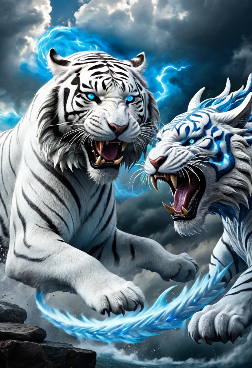 A fierce white tiger and a majestic blue dragon, locked in an epic battle, surrounded by swirling black clouds in the sky, (masterpiece:1.2),ultra-detailed,(realistic,photorealistic,photo-realistic:1.37),cinematic lighting,dramatic composition,powerful mythical creatures,legendary clash,intricate details,vibrant colors,awe-inspiring,dramatic,fantasy,digital painting