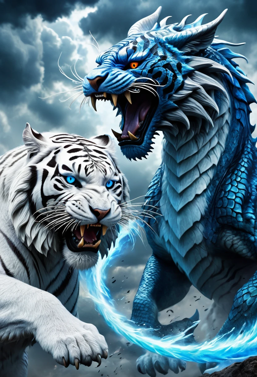 A fierce white tiger and a majestic blue dragon, locked in an epic battle, surrounded by swirling black clouds in the sky, (masterpiece:1.2),ultra-detailed,(realistic,photorealistic,photo-realistic:1.37),cinematic lighting,dramatic composition,powerful mythical creatures,legendary clash,intricate details,vibrant colors,awe-inspiring,dramatic,fantasy,digital painting