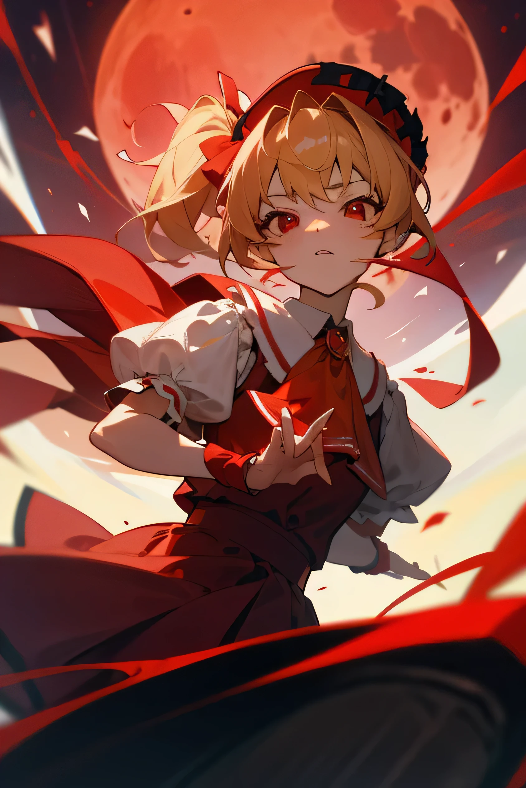 One person, Flanders Scarlet, alone, Have, Blonde, wing, Mob Cap, skirt, moon, crystallization, Red eyes, red moon, Ascot, View your viewers, Best, The ship's keel \(East\), Red nails, Puff sleeves, Short sleeve, red skirt, red Best, puffy Short sleeve, Wrist cuff, yellow Ascot, Open your mouth, Have ribbon, Side Ponytail, ribbon, shirt, Manicure, red ribbon, null