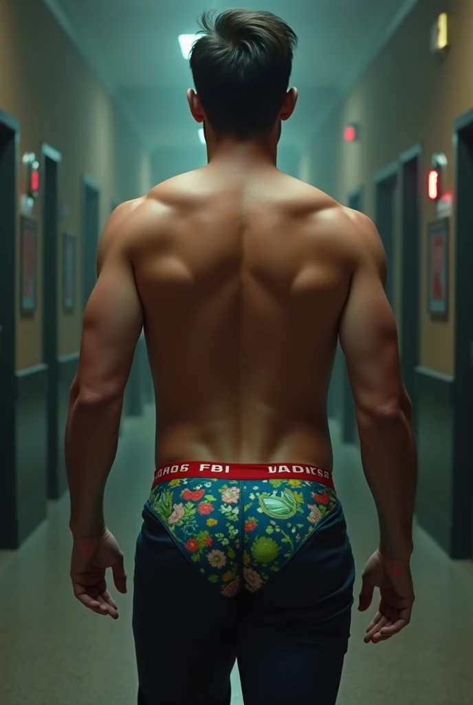 A handsome and arrogant FBI agent named jackson ripped his pants during a mission exposing his funny whimsical briefs his pants ripped to the back.