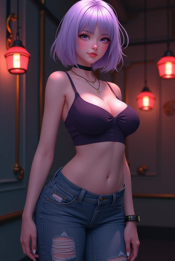 1girl, short lavender hair, brown undercut, soft, anime style, dark purple croptop, big breasts, cleavage, underboob, medium height, hourglass figure, ripped jeans, plump ass.