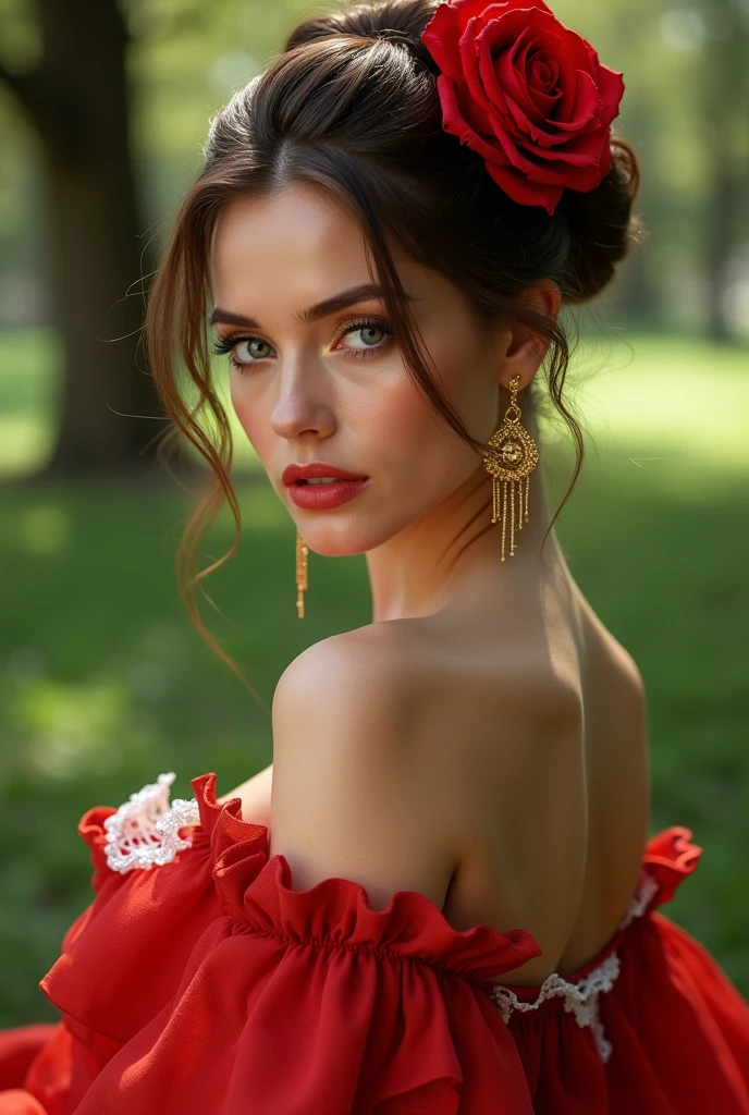 Woman Jennifer connelly Young 20 years old model long hair Brow bun with red rose in hair n blue eyes dress Pink ballet flamenco sevillana ruffles lace long gold earrings in park