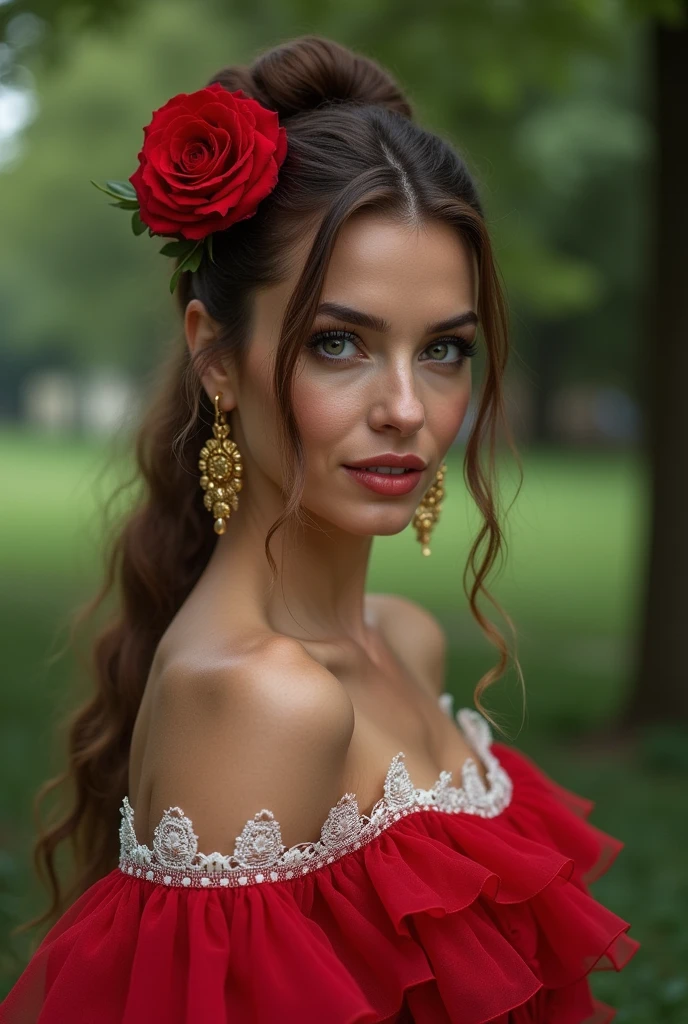 Woman Jennifer connelly model long hair Brow bun with red rose in hair n blue eyes dress red ballet flamenco sevillana ruffles white lace long gold earrings in park 