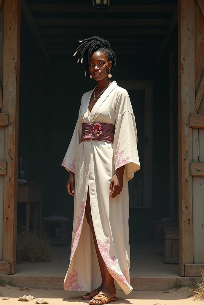 I would like a americam black woman with short black braided hair that has white tips, facial markings, earrings, and a beautiful appearance. She wears a white kimono with pink flowers on it, and the interior of the kimono is black. She wears wooden sandals. I would like her to have a mature style, and the art should be in a fantasy RPG style set in the Old West.