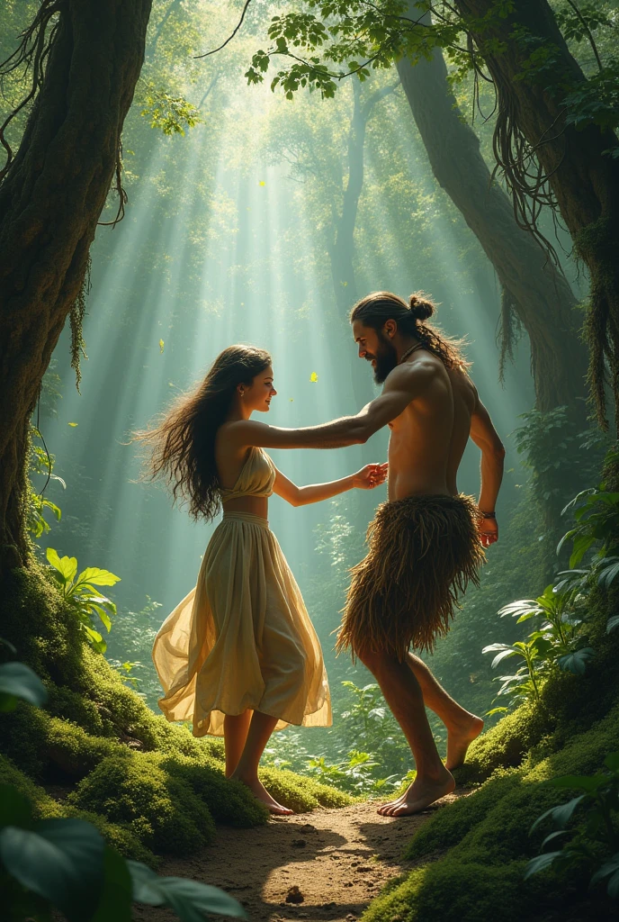 Girl and primitive man dancing in the forest