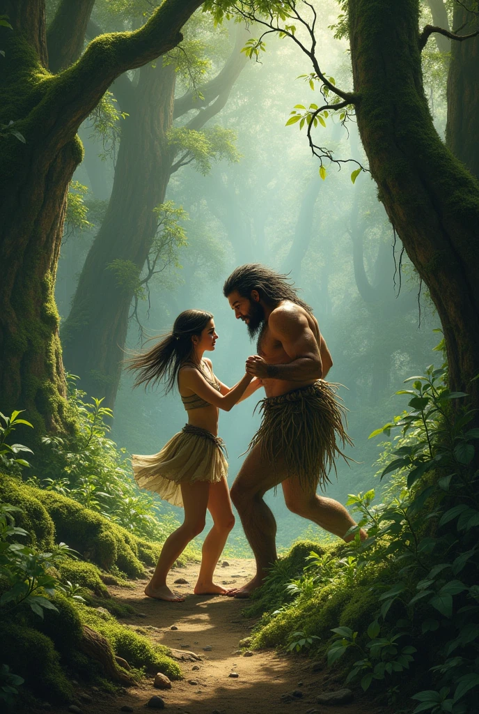 Girl and primitive man dancing in the forest