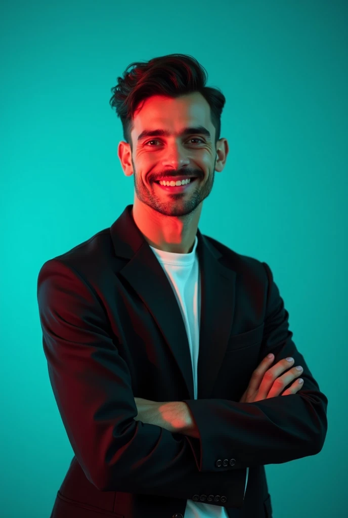 A young Man With Dark hair and a confident smile He is Dressed in a black blazer over a white shirt The man is positioned against aqua colour backdrop with a subtle red lighting on t