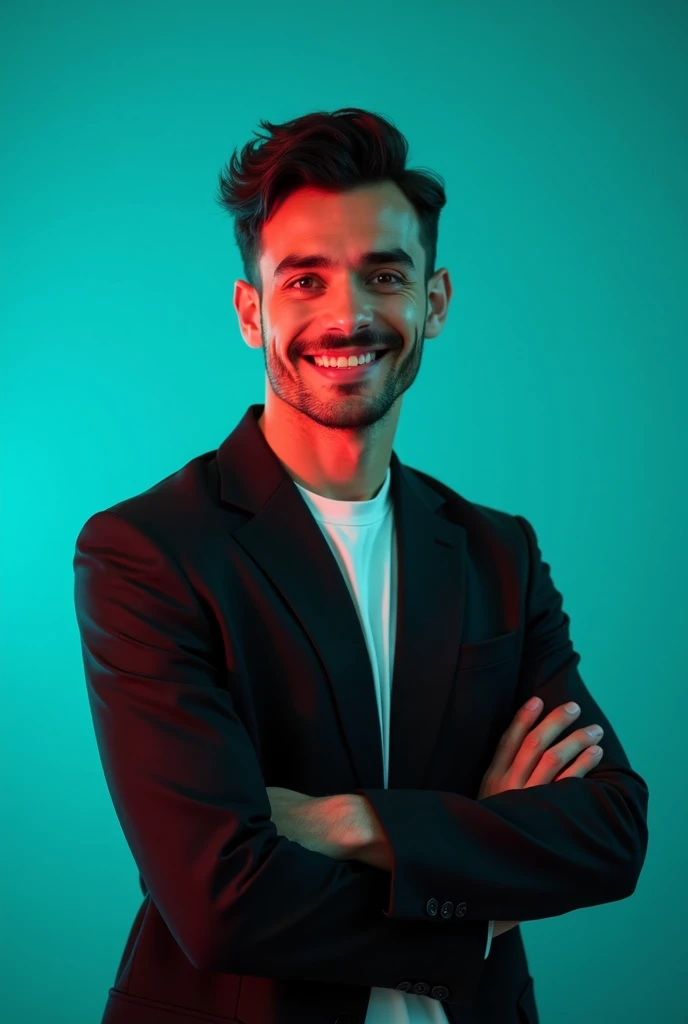 A young Man With Dark hair and a confident smile He is Dressed in a black blazer over a white shirt The man is positioned against aqua colour backdrop with a subtle red lighting on t