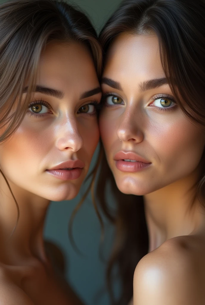 2 woman with brown hair, eyes browns, Italian origin, big forehead, big round nose, delicate and fleshy mouth, 精致的面容