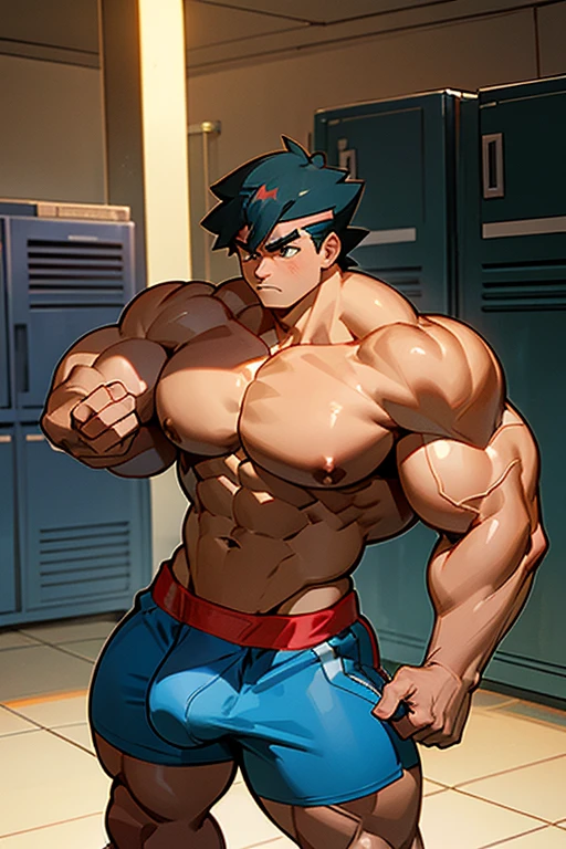 Ash Ketchum from Pokémon anime as a big dumb muscular bodybuilder jock in a locker room flexing and staring blankly as his eyes glow red under hypnosis with his mouth hanging open as he repeats, "Bigger... Dumber.... Must obey.... More like a jock bro every day.... Yes, Coach. I obey. Huhuhuhuh...." in a deep mindless emotionless voice with his fellow hypnotized jocks to forget about Pokémon training and focus instead on training his own body and obeying his coach. Hyper swollen bulging crotch. Hyper muscles. Toned muscles. 5% body fat. Big biceps. Big triceps. Broad shoulders. Big traps. Big lats. Big meaty pecs. Massive deltoids. Six-pack abs. Spherical glutes. Brainwashing. Hypnosis. Hypnotized. Bro. IQ drain. Dumber and dumber. Meathead. Musclehead. Mindless. Hypno. Mind control. Brain drain. Entranced.