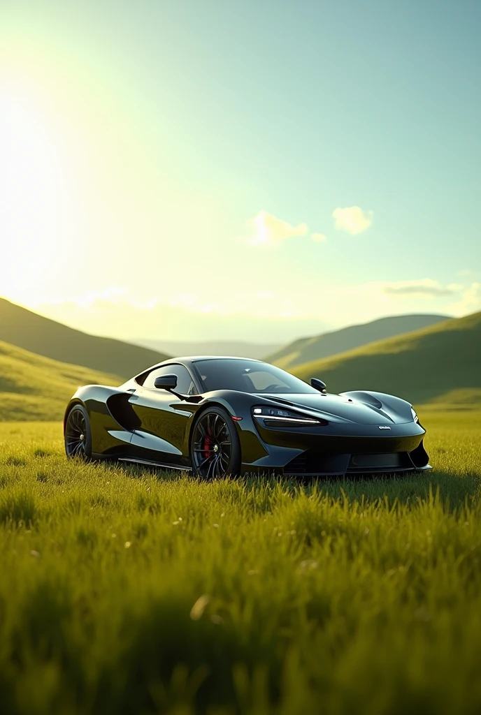 Car luxury stand in field on sun light