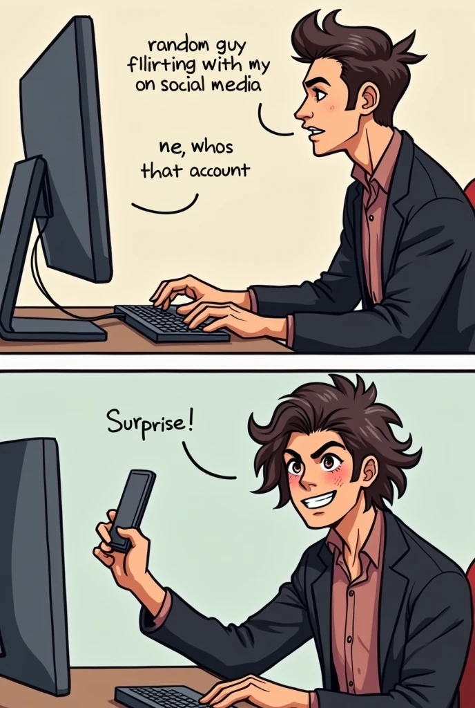 Here's a meme idea:

**Top Panel:**  
*Text:* "Random guy flirting with my girl on social media"  
*Image:* A guy confidently typing on his phone, with a flirty smile.

**Bottom Panel:**  
*Text:* "Me, who uses that account"  
*Image:* A guy sitting in the same spot, but now he's wearing a wig or holding up a phone, looking amused or even mischievous, with the caption "Surprise, it's me!" All text should be in english language 