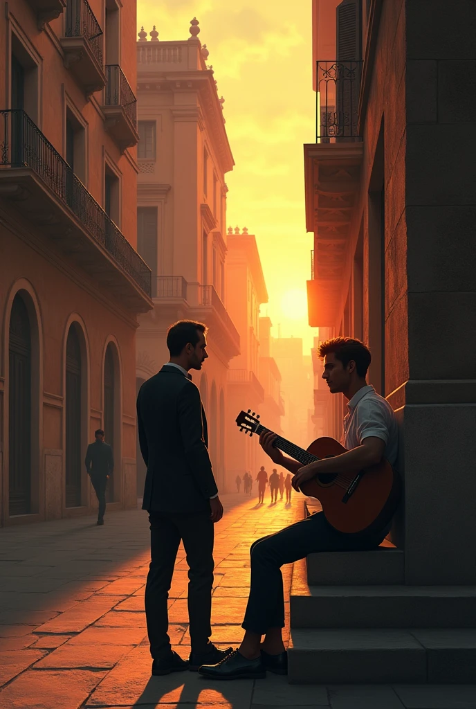 I understand, to create the conceptual cover based on the story description, I will give you a step-by-step idea so you can do it yourself or guide a graphic designer:
### 1. **Background and Stage:**
- **Italian setting:** The background should reflect a typical Italian city, maybe with narrow streets, Classical stone architecture, and some iconic elements such as balconies or arches. You could include a warm sunset that gives it a romantic and melancholic touch at the same time..
### 2. **Characters:**
- **Rome:**
- **position:** Rome podría estar en el centro o ligeramente a un lado, walking or looking towards the horizon with an air of determination and hope.
- **outfit:** Modern and elegant, reflecting on his new life in Italy. You can dress it up with a long, elegant coat or a contemporary dress., simple but stylish.
- **Damiano:**
- **position:** Puede estar un poco detrás de Rome, sitting on stairs or leaning against a wall, holding his guitar. Your expression should show a mixture of sadness and contemplation..
- **outfit:** Something more informal, but that reflects its artistic character, like a wool sweater or a loose shirt with dark jeans.
### 3. **Color palette:**
- **Tones:** Uses warm and slightly muted colors to reflect the melancholic atmosphere of the story. The golden tones, Browns and oranges can stand out against the background, while the characters could be in more neutral tones to contrast.
### 4. **Symbolic Elements:**
- **guitar:** Damiano's guitar could be a central element that connects the characters, located between them or in Damiano's hand.
- **city Lights:** Add lit streetlights to give a romantic and nostalgic touch to the night scene.
### 5. **General Design:**
- **Composition:** Asegúrate de que Rome y Damiano estén en una composición que sugiera distancia emocional, but also a