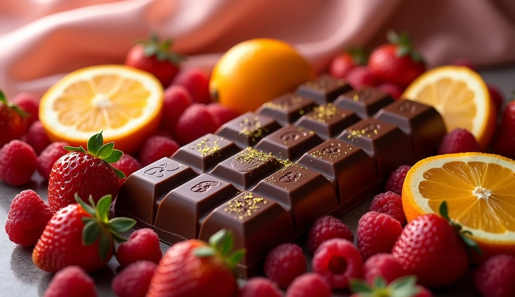 "Create an image of an exotic, luxurious chocolate bar that is styled to look incredibly stylish and beautiful. The chocolate should have a glossy finish with intricate patterns or designs, making it look almost too perfect to eat. Surround the chocolate with a variety of vibrant, fresh fruits like strawberries, raspberries, and sliced oranges. The setting should be elegant, with a sophisticated background that enhances the overall beauty and luxury of the scene, perhaps with soft, warm lighting and delicate touches like gold flakes or a silk cloth draped nearby."