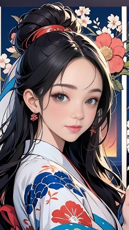 SeaArt creates stunning digital illustrations of beautiful women in kimono、A beautiful woman smiles and shows her upper white teeth、Vividly colored digital illustrations reminiscent of Ukiyo-e、Brown-black long hair、Beautiful full body style、If you want to dance, try the Tokyo Ondo～Yoiyoi、Yukata looks good too、Beautiful and innovative digital anime paintings,、 Detailed digital anime art in the background、Shrines and temples in Kyoto、Beautiful digital animated portrait、