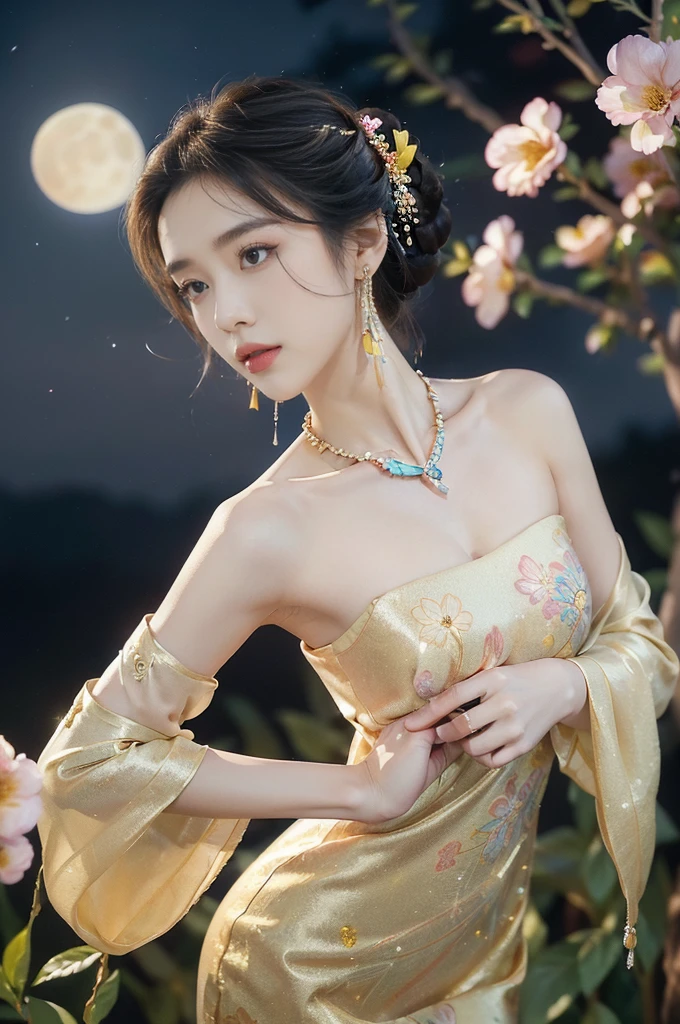 (((best quality))),(((ultra detailed))),(((masterpiece))),illustration,((1 beautiful girl,solo)),(neat chignon:1.2),((earrings,crystal necklace)),((slim,thin)),((small breasts,flat chest)),(slender legs:1.2),(stockings:1.3),(a moon in the clear night sky as the background:1.3), gentle glow,(Standing in the world full of vibrant flowers:1.3),(gorgeous Chinese dress:1.3),sparkling eyes,graceful,(surrounded by crowded colorful flowers:1.5), kaleidoscope, shimmer,bright moonlight, delicate petals, fragrance, otherworldly, magical realm, enchantment, tranquility, essence of beauty, peace,(outdoor:1.),(night scene:1.3),((from front,upper body))