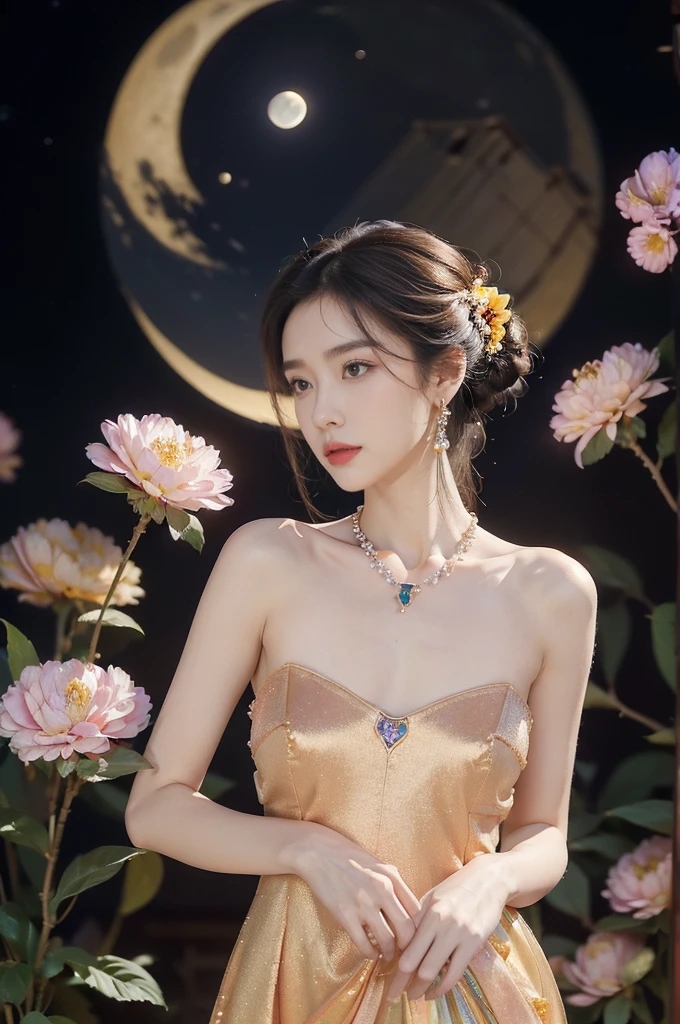 (((best quality))),(((ultra detailed))),(((masterpiece))),illustration,((1 beautiful girl,solo)),(neat chignon:1.2),((earrings,crystal necklace)),((slim,thin)),((small breasts,flat chest)),(slender legs:1.2),(stockings:1.3),(a moon in the clear night sky as the background:1.3), gentle glow,(Standing in the world full of vibrant flowers:1.3),(gorgeous Chinese dress:1.3),sparkling eyes,graceful,(surrounded by crowded colorful flowers:1.5), kaleidoscope, shimmer,bright moonlight, delicate petals, fragrance, otherworldly, magical realm, enchantment, tranquility, essence of beauty, peace,(outdoor:1.),(night scene:1.3),((from front,upper body))