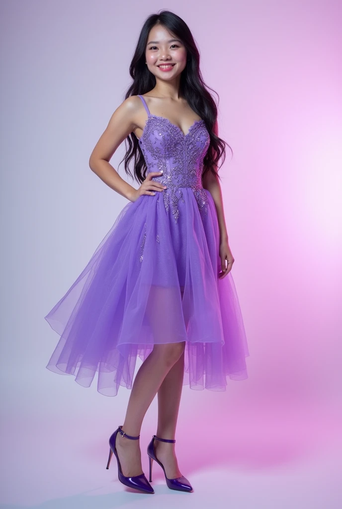 Rora from the girl kpop group Baby Monster wearing a purple 15th birthday party dress that shows her legs in front . that allows you to see the whole body . Please