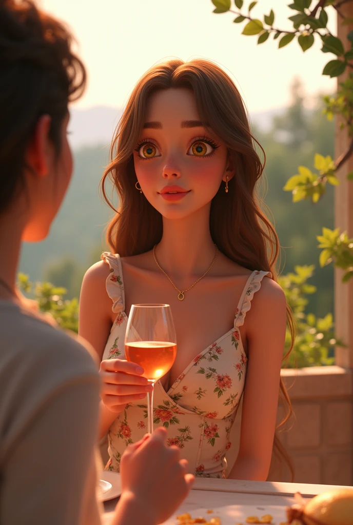 The character has long, straight, messy, browns hair, bright yellow eyes, snow-white skin, a perfect and delicate face, she is very beautiful and is 2, make the image in the Pixar style Disney, in 9:16 format. A woman in her late 20s, wearing a casual sundress with floral patterns, is standing on a balcony. She holds a glass of rosé wine and is chatting with a friend.