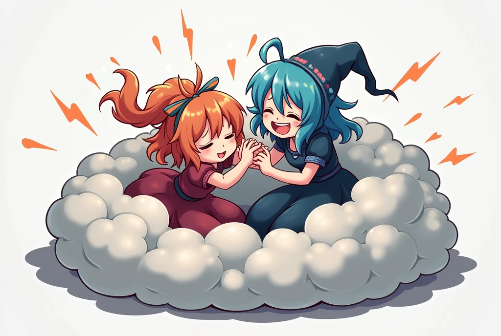 An anime-style illustration depicting witches playfully wrestling with each other inside a light gray comical fight cloud (magic cloud).
each witch has different  colored hair.
their faces,hands,and feet are visible emerging from the cloud as they tussle humorously,  with the rest of their bodies completely hidden inside the cloud.
the illustration emphasizes the humorous and energetic nature of their scuffle,with a fluffy  and exaggerated fight cloud.