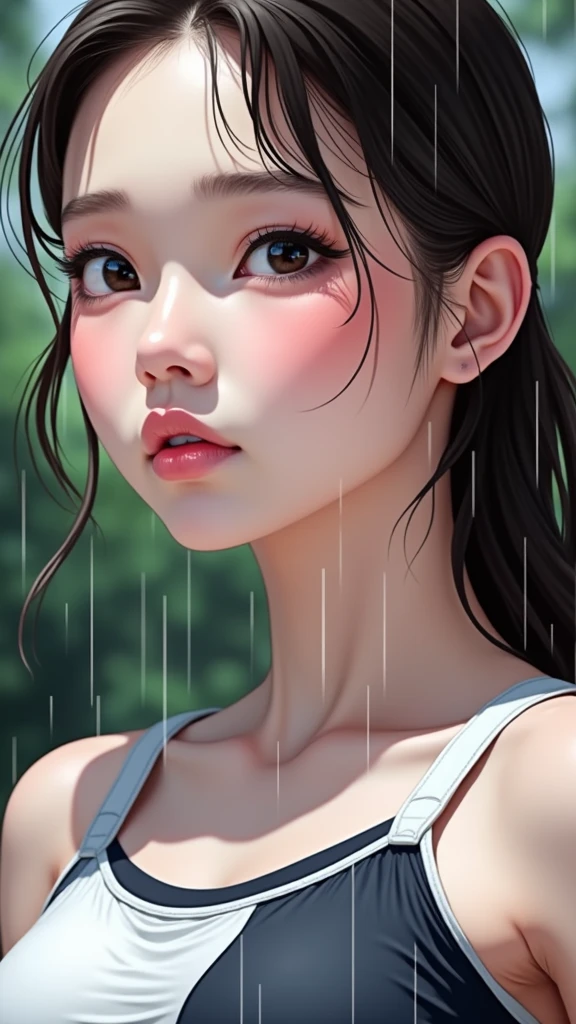 1girl, pretty face, beauty face, white skin,  helpless, begging face,  wearing wet very thin v-neck tanktop exposing her ((big round breasts)), open mini shorts without buttons , white fair skin, , whole body shoot, in the dense african jungle, Tomb Raider's Lara Crawford Style, Explore the jungle, It's raining, Wearing mini shorts for exploration, Tense facial expressions, Duck your head, Be aware of your surroundings, Realistic, Reality, Real People, Lean forward,full body, Mountaineering belt on the waist, Squat position