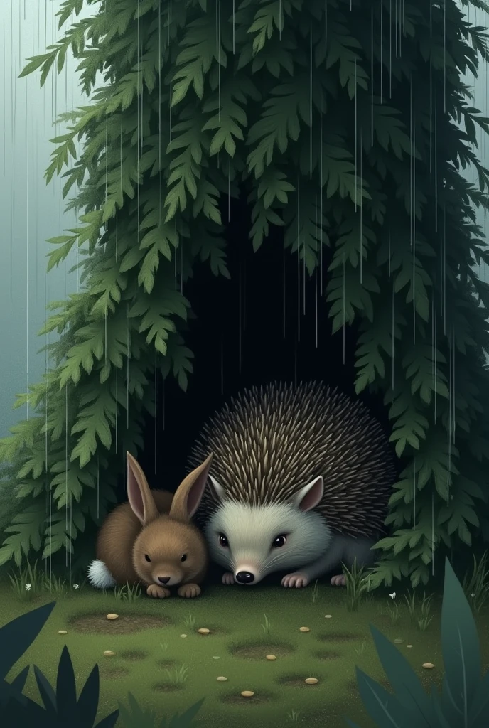 Sad hedgehog huddled in a tall bush while it's raining as a cute hare approaches him