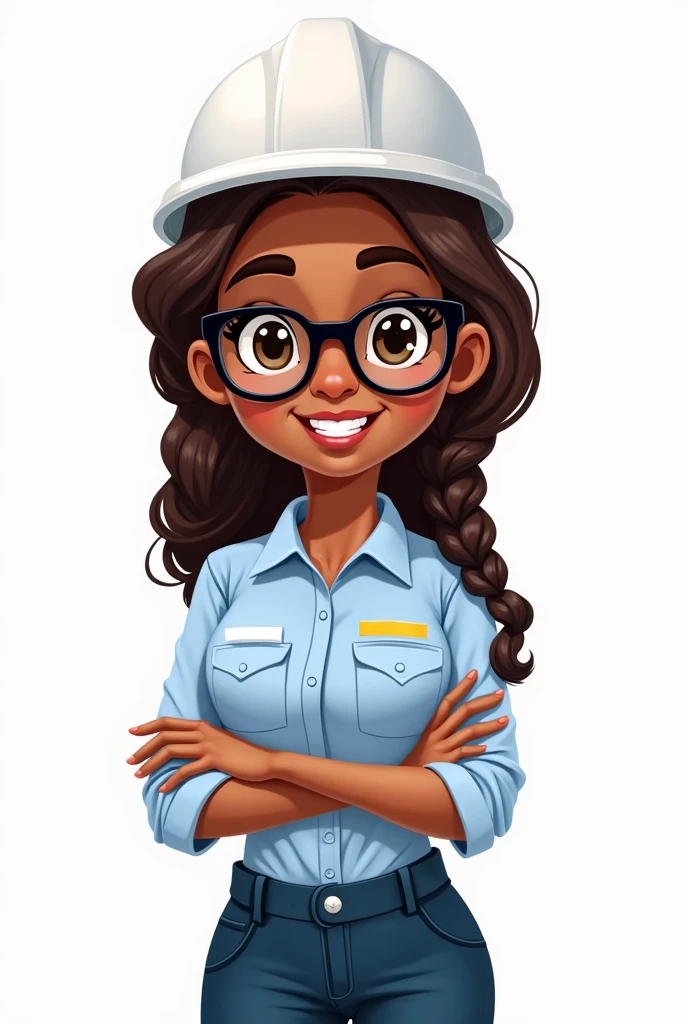 A woman dressed as an occupational health and safety professional, dark-skinned,of braids,Brown hair, glasses, animated white helmet cartoon type