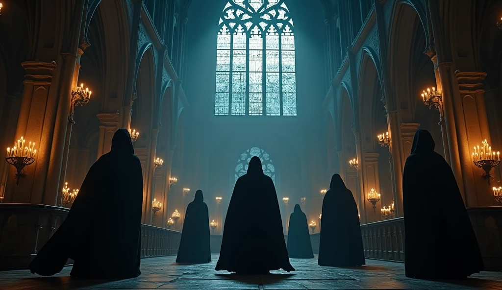 8k、lots of candles ,large stained glass,(Extreme low angle), (number々の賞を受賞したmasterpiece、Incredible detail、Texture、Maximum details),red flame candle, (summoning magic),(A gorgeous and luxurious ruin with beautiful late-night moonlight), (dark ritual),(dark organization)arafed image of a group of people in a church with candles,lit candle, dark cinematic concept art, elegant cinematic fantasy art, photorealistic dark concept art, by Beeple, dark robes, wojtek fus, gothic epic library concept, gothic epic library, epic cinematic concept art, dark concept art, Beeple and mike winkelmann, symmetrical epic fantasy art, High resolution, masterpiece, Highest quality, Intricate details, Very detailed, Clear focus, practical skin texture, texture,  Shot with Canon, 85mm, Shallow and deep, Kodak Vision Color, Exactly, Very detailed, photograph_\(Extremist\), photographpractical, practical, Post-processing, Maximum details, Roughness, Real Life, Extremist practical, Photorealism, photographgraphy, 8K Ultra HD, photographgraphy
