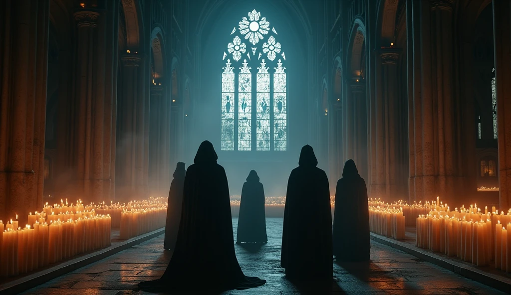 8k、lots of candles ,large stained glass,(Extreme low angle), (number々の賞を受賞したmasterpiece、Incredible detail、Texture、Maximum details),red flame candle, (summoning magic),(A gorgeous and luxurious ruin with beautiful late-night moonlight), (dark ritual),(dark organization)arafed image of a group of people in a church with candles,lit candle, dark cinematic concept art, elegant cinematic fantasy art, photorealistic dark concept art, by Beeple, dark robes, wojtek fus, gothic epic library concept, gothic epic library, epic cinematic concept art, dark concept art, Beeple and mike winkelmann, symmetrical epic fantasy art, High resolution, masterpiece, Highest quality, Intricate details, Very detailed, Clear focus, practical skin texture, texture, Shot with Canon, 85mm, Shallow and deep, Kodak Vision Color, Exactly, Very detailed, photograph_\(Extremist\), photographpractical, practical, Post-processing, Maximum details, Roughness, Real Life, Extremist practical, Photorealism, photographgraphy, 8K Ultra HD, photographgraphy