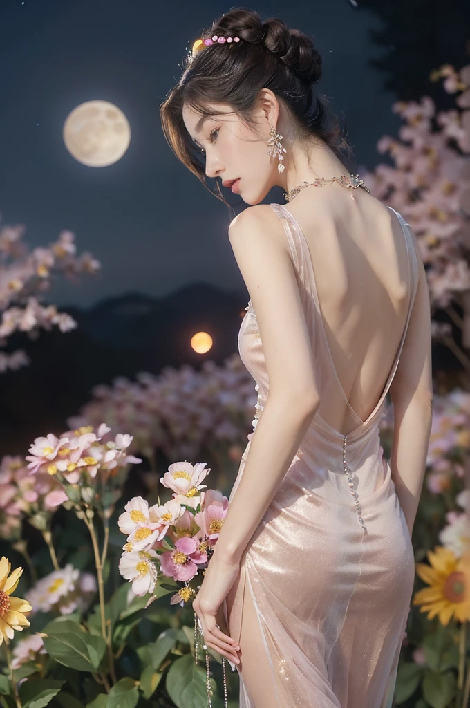 (((best quality))),(((ultra detailed))),(((masterpiece))),illustration,((1 girl,solo)),(neat chignon:1.2),(beautiful face:1.3),((earrings,crystal necklace)),((slim,thin)),((bare back,towering hips,butt crack)),(stockings:1.3),(a moon in the clear night sky as the background:1.3), gentle glow,(Standing in the world full of vibrant flowers:1.3),(gorgeous sheer Chinese dress:1.3),sparkling eyes,graceful,(surrounded by crowded colorful flowers:1.5), kaleidoscope, shimmer,bright moonlight, delicate petals, fragrance, otherworldly, magical realm, enchantment, tranquility, essence of beauty, peace,(outdoor:1.2),(night scene:1.3),((from back,upper body))